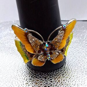 Butterfly Clamper Cuff Bracelet Enameled Rhinestone Fairycore Fantasy Whimsical